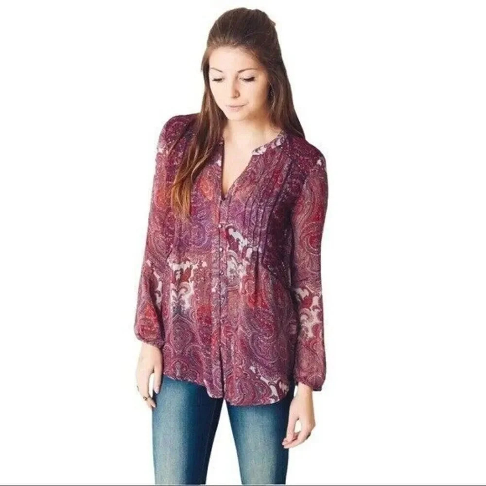 Lucky Brand Purple Paisley Sheer Long Sleeve Blouse M